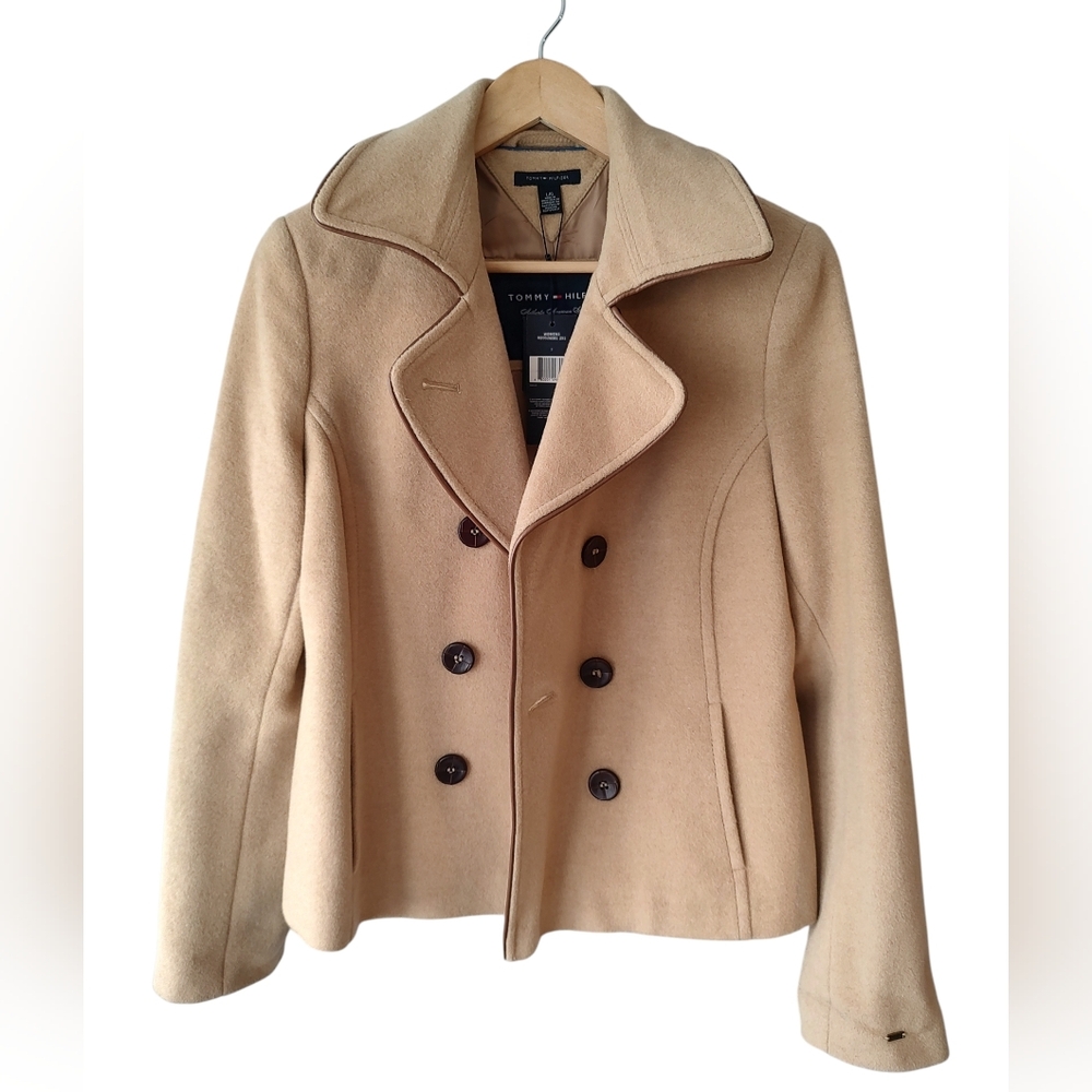 NWT Tommy Hilfiger Classic Camel Double Breasted Wool Blend Pea Coat Size Large